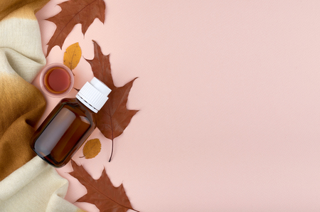 Medicine composition. Pharmacy concept background. Flat lay, top view of festive still life and health.の写真素材