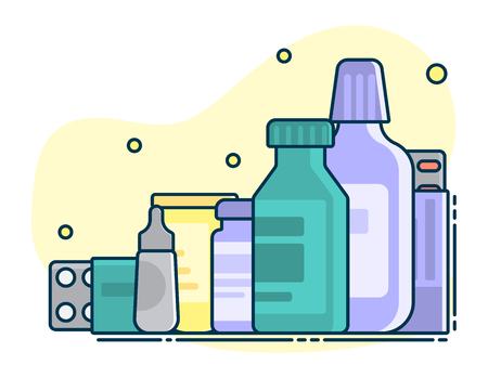 medical set of various pills and containers. Line art, flat style vectorのイラスト素材