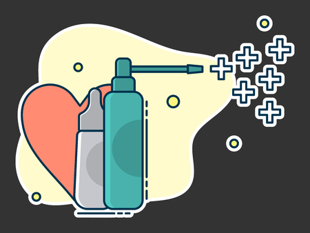 medical set, concept spray for throat or gum and teeth care. Line art, flat style vectorのイラスト素材