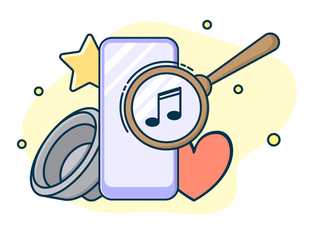 Magnifying lens on screen, search music concept. Line art, flat style vectorのイラスト素材