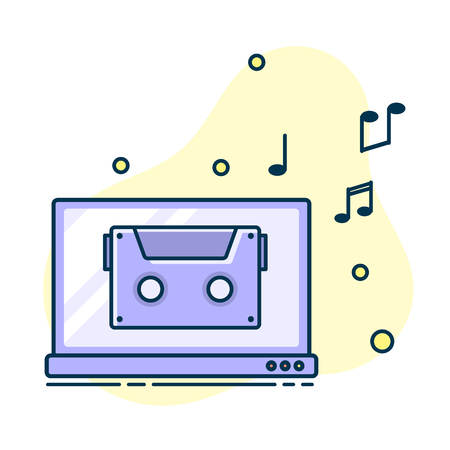 Notes flow from laptop. Concept of music playing. Line art, flat style vectorのイラスト素材