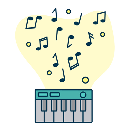 Notes flow from digital piano. Concept of music playing. Line art, flat style vectorのイラスト素材