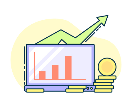 pile of coins with growing arrow on laptop. Business success concept. Line art, flat style vectorのイラスト素材