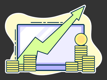 pile of coins with growing arrow on laptop. Business success concept. Line art, flat style vectorのイラスト素材