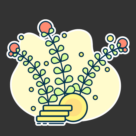 pile of coins with growing foliage from it. Finance growing concept. Line art, flat style vectorのイラスト素材