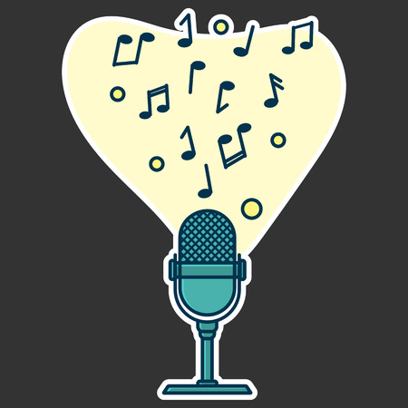 Notes flow from microphone. Concept of music playing. Line art, flat style vectorのイラスト素材