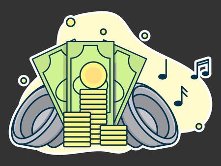 Music market with money sign, concept of paid sound industry. Line art, flat style vectorのイラスト素材