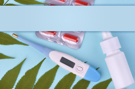 Medicine composition. Pharmacy concept background. Flat lay, top view of festive still life and...