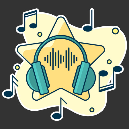Notes flow from headphones. Concept of music playing. Line art, flat style vectorのイラスト素材