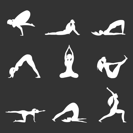 Beautiful woman training yoga poses. Girl exercises pilates, vector illustration, setのイラスト素材