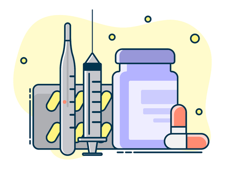 medical set of various pills and containers. Line art, flat style vectorのイラスト素材