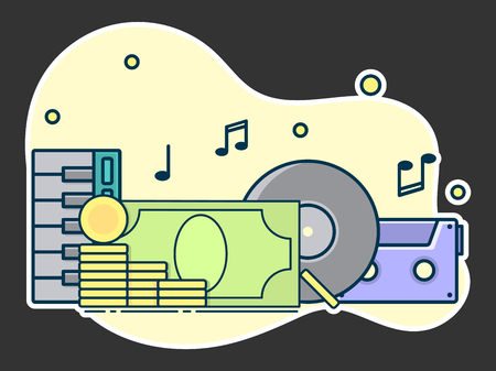 Music market with money sign, concept of paid sound industry. Line art, flat style vectorのイラスト素材
