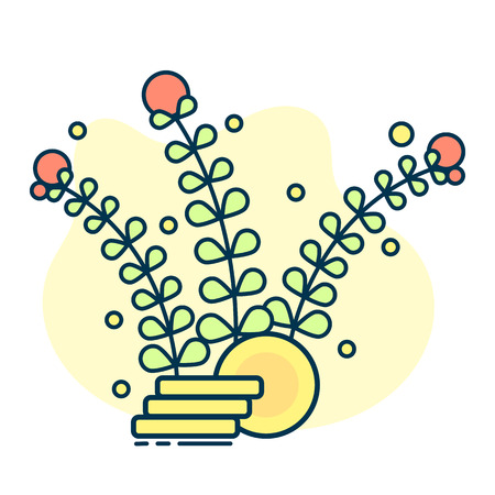 pile of coins with growing foliage from it. Finance growing concept. Line art, flat style vectorのイラスト素材