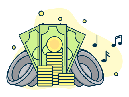 Music market with money sign, concept of paid sound industry. Line art, flat style vectorのイラスト素材