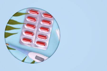 Medicine composition. Pharmacy concept background. Flat lay, top view of festive still life and...