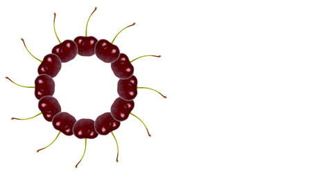 Red fresh cherry fruit background, frame and border. Copy space