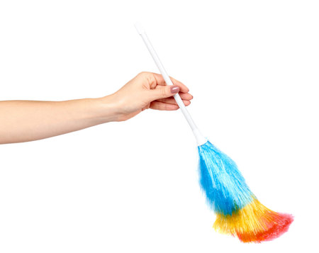 Hand with soft colorful duster, synthetic feather broom, fluffy cleaner. Isolated on white...