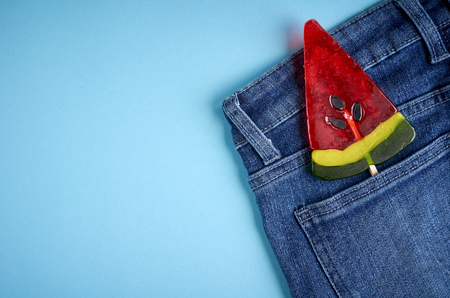 Home made sugar candy, sweet dessert on stick, flat lay composition and top view photoの写真素材