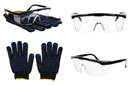 Protective gloves and glasses, set and collection. Isolated on white backgroundの写真素材