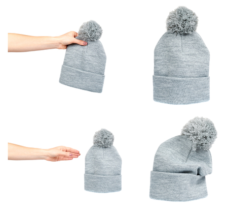 Hand with cotton hat, clothing accessory, set and collection. Isolated on white backgroundの写真素材