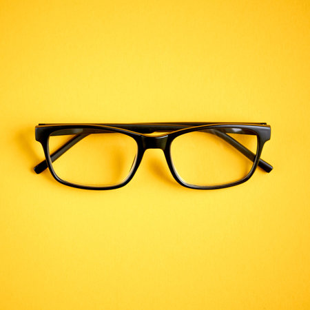 Black glasses on yellow background composition, eyeglasses. Flat lay and top view photo