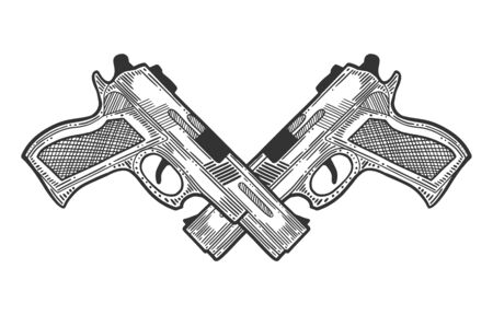 Pistol, firearm for protection. Vector in doodle and sketch style. Isolated on white backgroundのイラスト素材