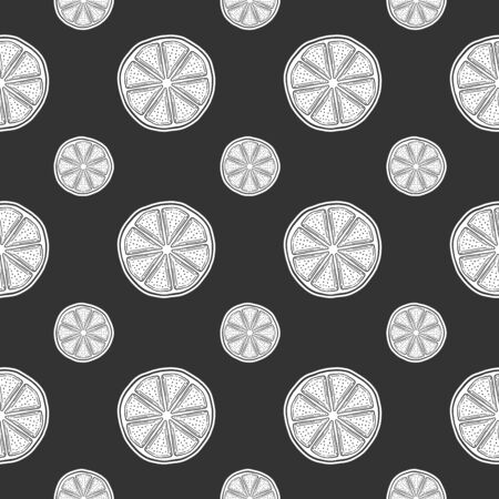 Fresh lemon slice, half of orange. Vector in doodle and sketch style. Isolated on dark background, seamless pattern, textureのイラスト素材