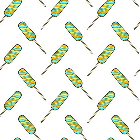 Striped candy, lollipop on stick. Vector in doodle and sketch style. Isolated on white background, seamless patternのイラスト素材