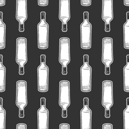 Wine bottle, glass. Vector in doodle and sketch style. Isolated on dark background, seamless patternのイラスト素材