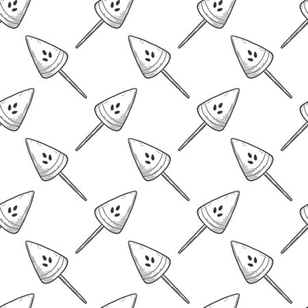 Watermelon candy or ice cream. Vector concept in doodle and sketch style. Hand drawn illustration for printing on T-shirts, postcards. Seamless pattern for textile, paper wrap.のイラスト素材