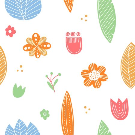 Cute color floral in scandinavian style. Isolated leaves seamless pattern.のイラスト素材