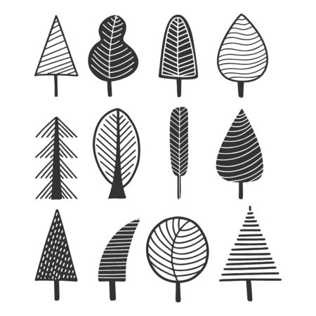 Cute black and white trees in scandinavian style. Isolated forest set.のイラスト素材