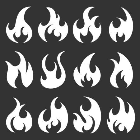 Set of different flames icons. Collection of white fire silhouettes in cartoon style. Isolated on black background.のイラスト素材
