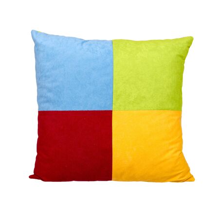 Decorative square pillow, multicolored cloth, soft and puffy. Isolated on white background.の写真素材