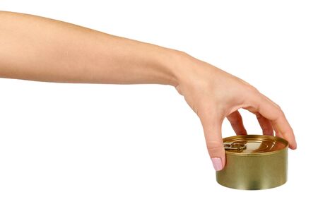 Hand with can. Canned prepared food with opener, conserved snack. Isolated on white background.の写真素材