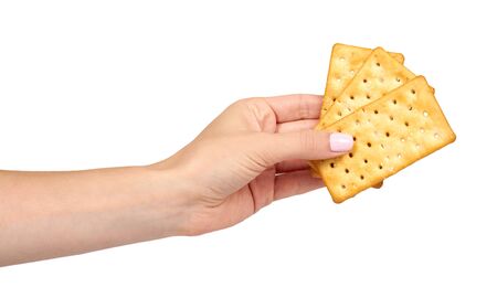 Hand with salty cracker, crispy appetizer, rectangle shape cookie. Isolated on white background.の写真素材