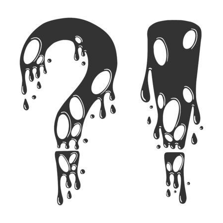Black question mark and exclamation punctuation point set. Liquid dripping, holes, cartoon style. Isolated on white background.のイラスト素材