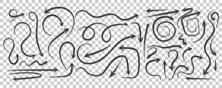 Hand drawn wavy arrows set, different directions symbols. Creative collections of pointers. Doodle and sketch style. Vector image. Isolated on transparent background.のイラスト素材