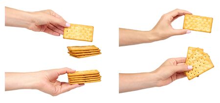 Hand with salted cracker, fast food snack, set and collection. Isolated on white backgroundの写真素材