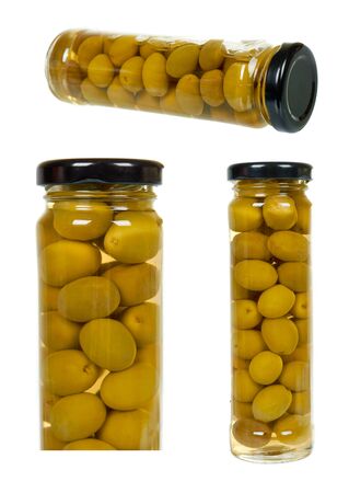 Olives berry in glass jar, set and collection. Isolated on white backgroundの写真素材