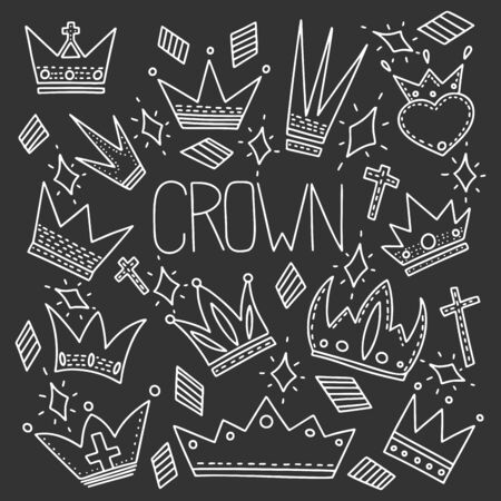 Different crowns vector concept in doodle style. Hand drawn illustration for printing on T-shirts, postcards.のイラスト素材
