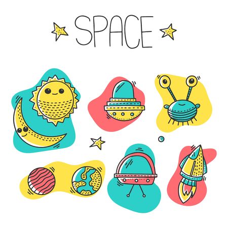 Space and cosmos, vector concept in doodle style. Hand drawn illustration for printing on T-shirts, postcards.のイラスト素材