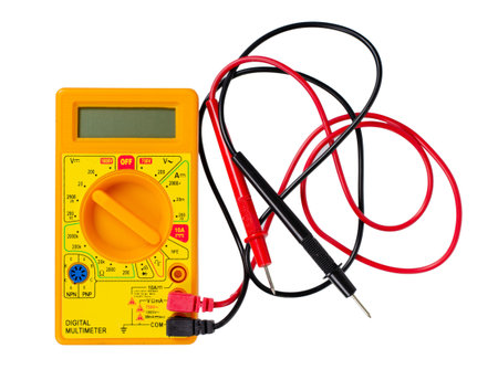 Yellow plastic multimeter, electric tester tool. Isolated on white background.