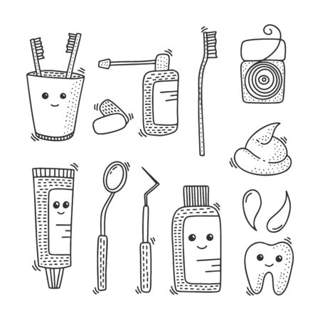 Dental health vector concept in doodle style. Hand drawn illustration for printing on T-shirts, postcards. Icon and logo idea.のイラスト素材