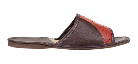 Domestic leather slippers, home shoes. Isolated on white background.の写真素材