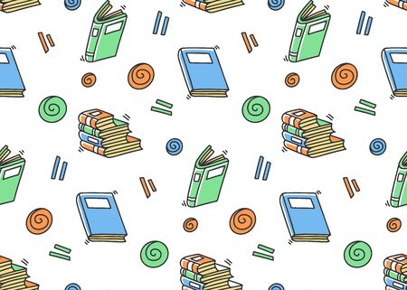 Different books and magazines vector concept in doodle and sketch style. Hand drawn illustration for printing on T-shirts, postcards. Seamless pattern for textile, paper wrap. Texture background.のイラスト素材