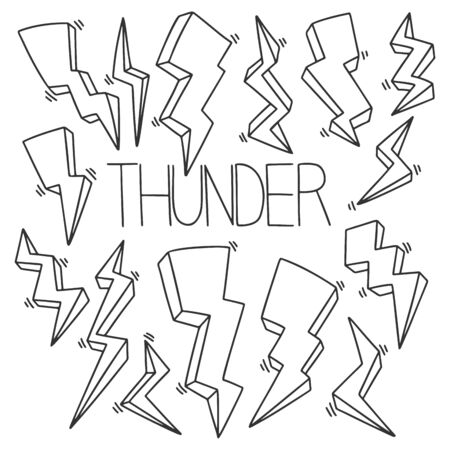 Different lightnings vector concept in doodle and sketch style. Hand drawn illustration. Icon and logo idea. Isolated on white background.のイラスト素材