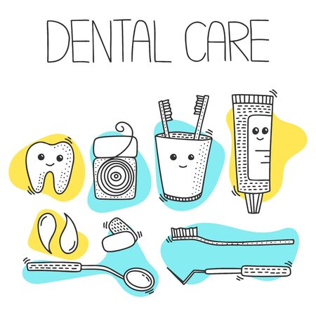Dental health vector concept in doodle style. Hand drawn illustration for printing on T-shirts, postcards. Icon and logo idea.のイラスト素材