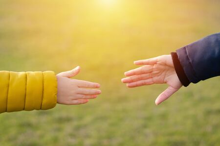 Mom and baby hold hands. Love, care and support. Sunlight.の写真素材