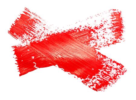 Red paint brush strokes, acrylic drawing. Isolated on white background.の写真素材